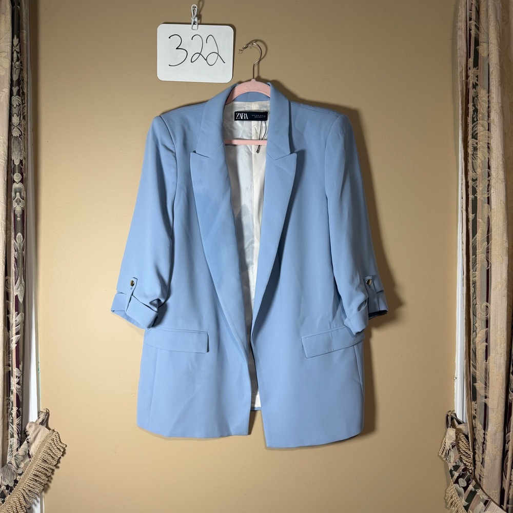 Zara Women Light Blue Open Front Blazer 3/4 Sleeve Notched Lapel Size XL